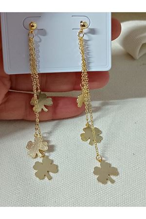 Gold Yonca Sallantılı Uzun Şık Küpe