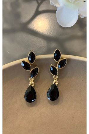 Siyah Gold Kristal Taşlı Yaprak Küpe