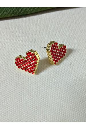 Gold Kırmızı Taşlı Kalp Kadın Küpe