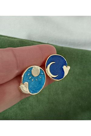 Çelik Gece Ay Gündüz Güneş Tasarımlı Şık  Kadın Küpe