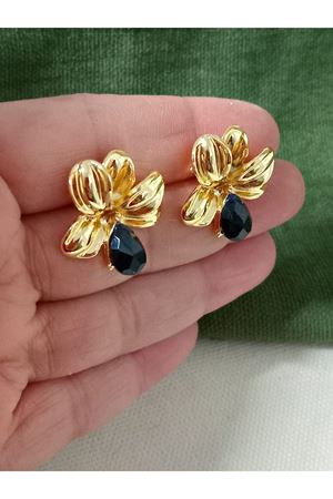 Gold Siyah Damla Tasarım Kadın Küpe