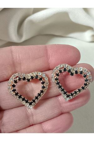 Gold Siyah Beyaz Kristal Taşlı Kalp Kadın Abiye Küpe