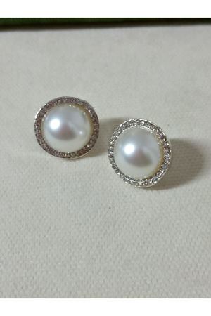 Gümüş Zirkon Taşlı Incili Düğme Kadın Küpe