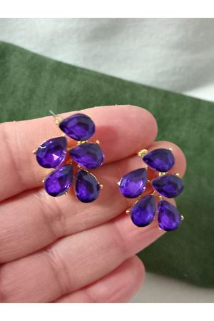 Mor Gold Kristal Taşlı Yaprak Küpe Abiye Günlük