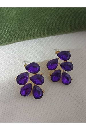 Mor Gold Kristal Taşlı Yaprak Küpe Abiye Günlük