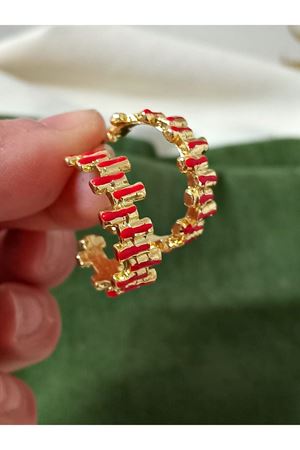 Kırmızı Mineli Gold  Şık Halka Küpe