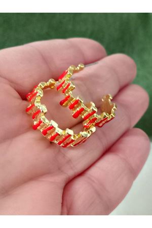 Kırmızı Mineli Gold  Şık Halka Küpe