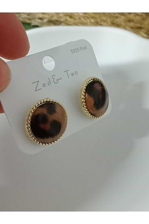 Kahve Leopar Küçük Düğme Kadın Küpe