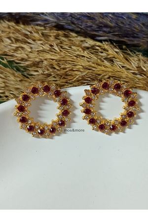 Kırmızı Kristal Taşlı Çember Halka Gold Abiye Şık Kadın Küpe