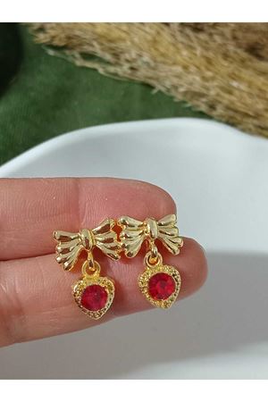 Kırmızı Taşlı Sallantılı Minimal Kurdele Kadın Küpe