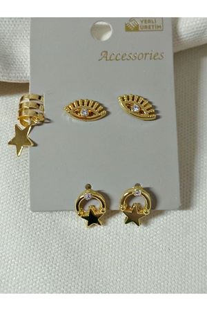 Gold 5 li Set Göz Kıkırdak Yıldız Şık Küpe