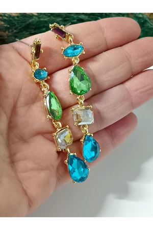 Mavi Yeşil Zirkon Taşlı  Sallantılı Uzun Abiye Kadın Küpe