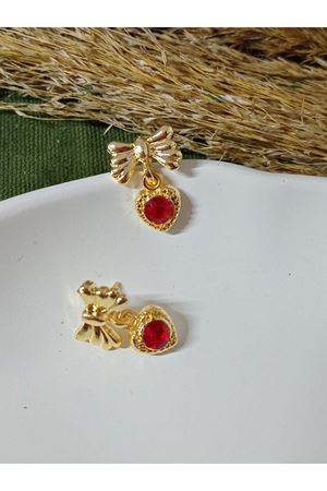 Kırmızı Taşlı Sallantılı Minimal Kurdele Kadın Küpe