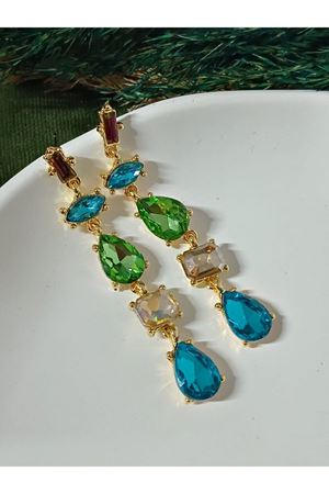 Mavi Yeşil Zirkon Taşlı  Sallantılı Uzun Abiye Kadın Küpe