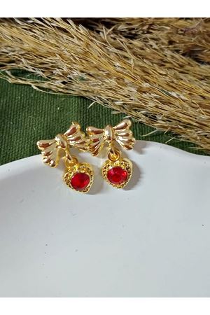 Kırmızı Taşlı Sallantılı Minimal Kurdele Kadın Küpe