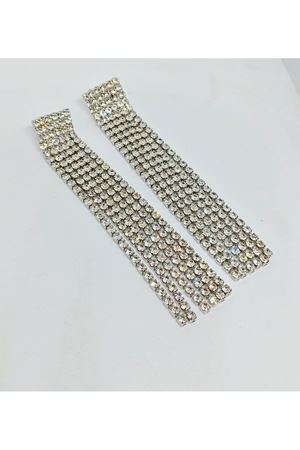 Taşlı Sallantılı Işıltılı Uzun Kadın Abiye Küpe, Püskül Küpe, Suyolu, 6 Şerit