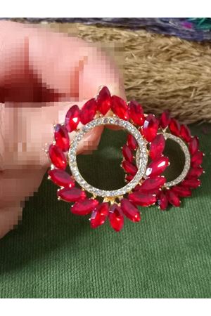 Kırmızı Kristal Taşl Çember Halka Gold Abiye Şık Kadın Küpe