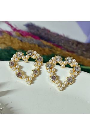 Gold İncili Taşlı Kalp Zirkon Şık Kadın Küpe