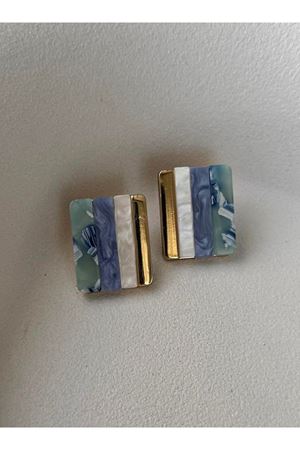 Sedefli Mavi Yeşil Kare Formlu Kadın Küpe