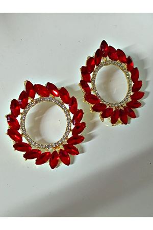 Kırmızı Kristal Taşl Çember Halka Gold Abiye Şık Kadın Küpe