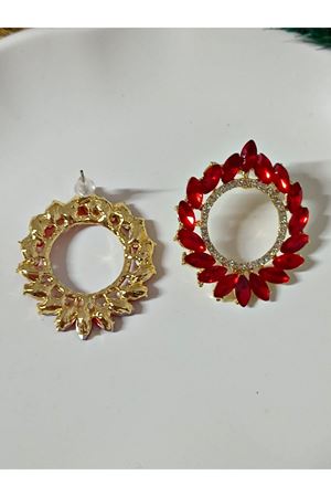 Kırmızı Kristal Taşl Çember Halka Gold Abiye Şık Kadın Küpe