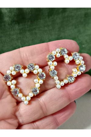 Gold İncili Taşlı Kalp Zirkon Şık Kadın Küpe
