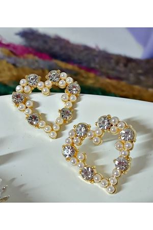 Gold İncili Taşlı Kalp Zirkon Şık Kadın Küpe