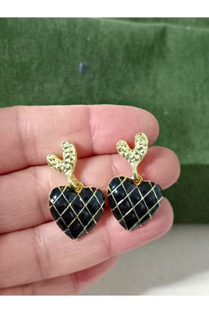 Gold Siyah Çift Kalp Sallantılı Şık Kadın Küpe