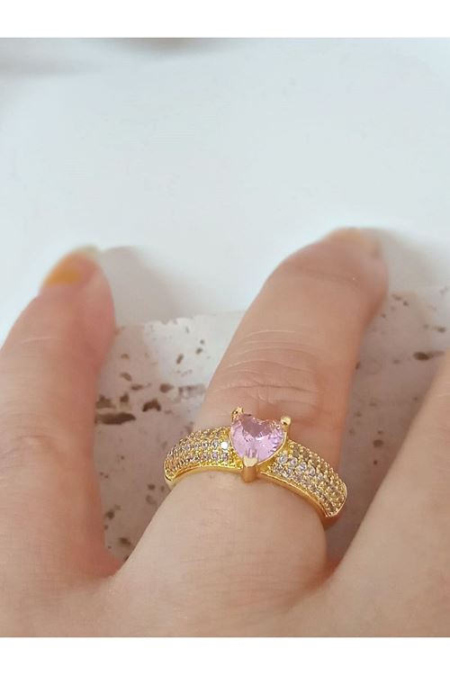 Gold Pembe Kalp Zirkon Taşlı , Tektaş , Ayarlanabilir Şık Yüzük