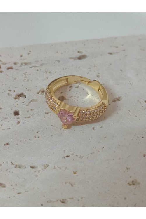 Gold Pembe Kalp Zirkon Taşlı , Tektaş , Ayarlanabilir Şık Yüzük