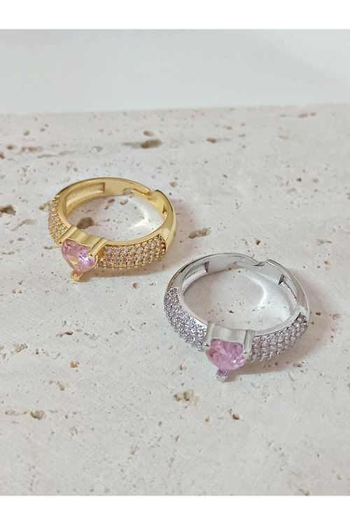 Gold Pembe Kalp Zirkon Taşlı , Tektaş , Ayarlanabilir Şık Yüzük