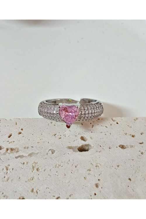 Gümüş Pembe Kalp Zirkon Taşlı , Tektaş , Ayarlanabilir Şık Yüzük
