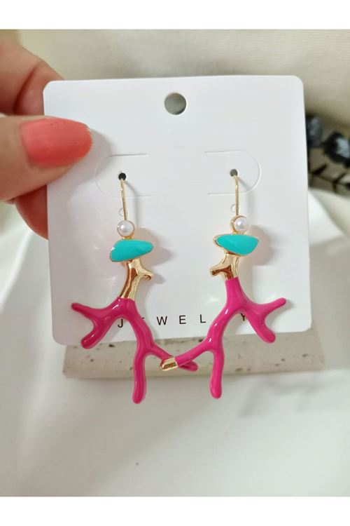 Pembe Mercan Sallantılı Pirinç Küpe