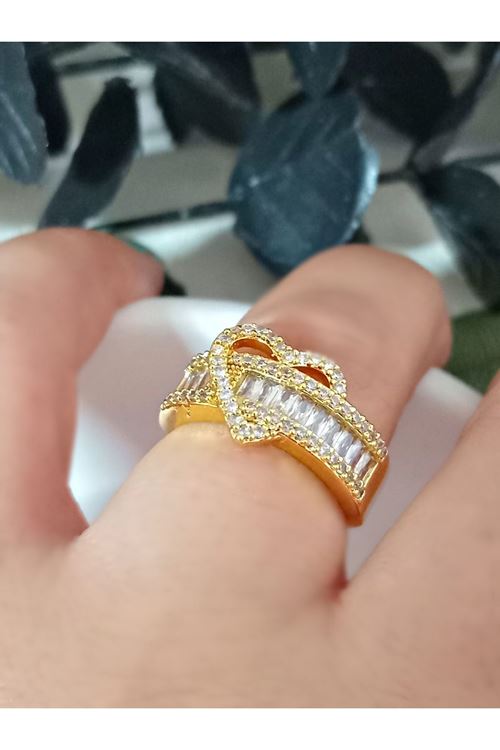Gold Baget Taşlı Kalp Yüzük, Ayarlanabilir