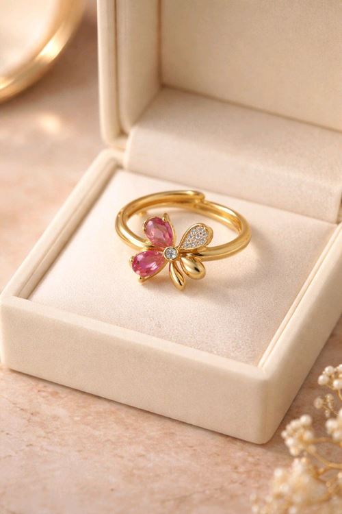 Gold Pembe Taşlı Yonca Yüzük, Ayarlanabilir