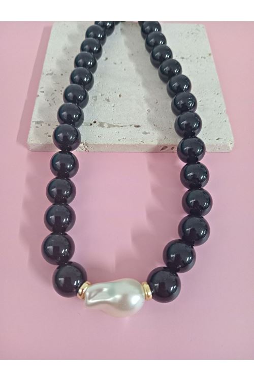 Siyah Boncuklu İncili (44cm +6cm) Şık Kadın Kolye