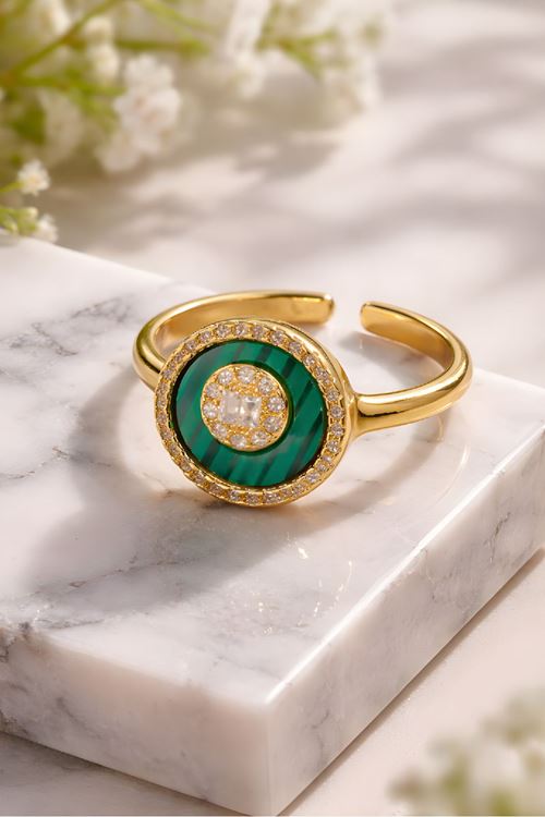 Marka Model, Çelik Gold Taşlı Yeşil Yüzük, Ayarlanabilir