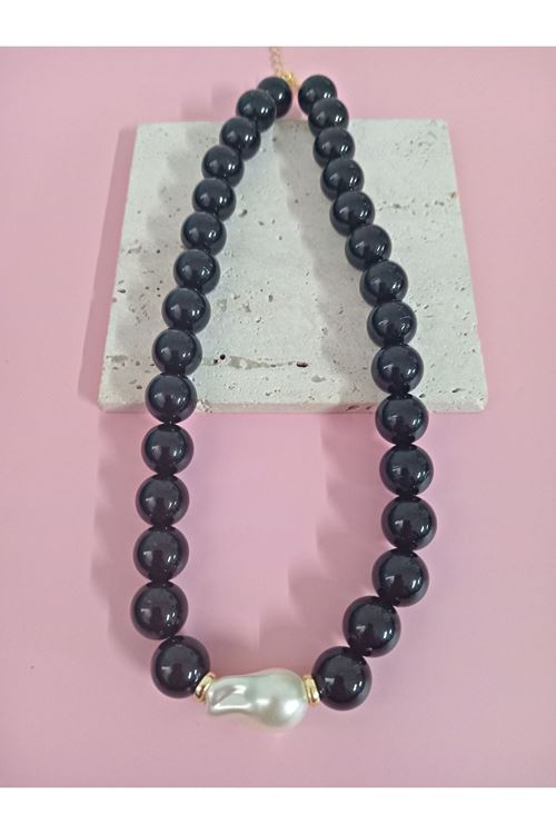 Siyah Boncuklu İncili (44cm +6cm) Şık Kadın Kolye