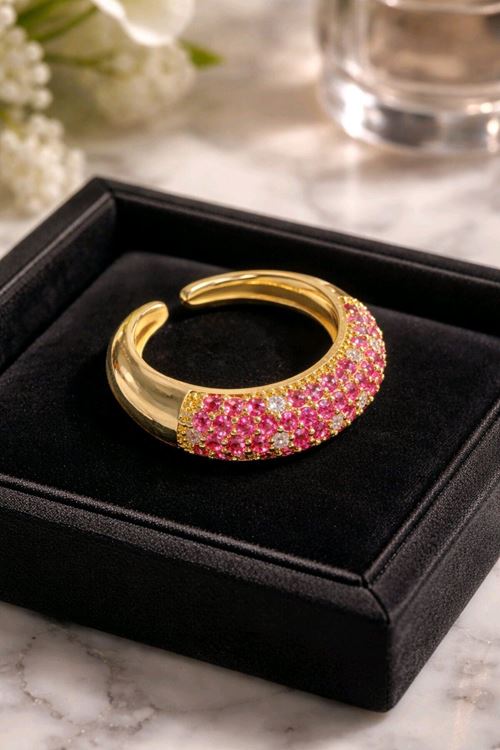Çelik Gold Pembe Taşlı Ayarlanabilir Yüzük