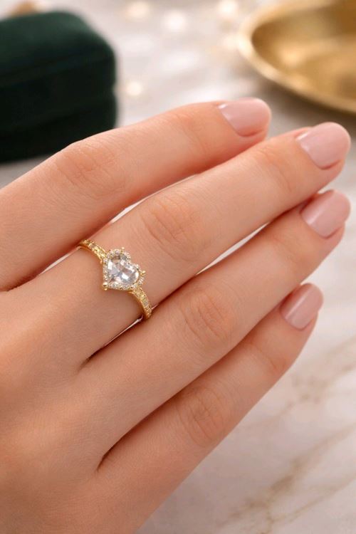 Gold Beyaz Kalp Tek Taş Yüzük, Ayarlanabilir