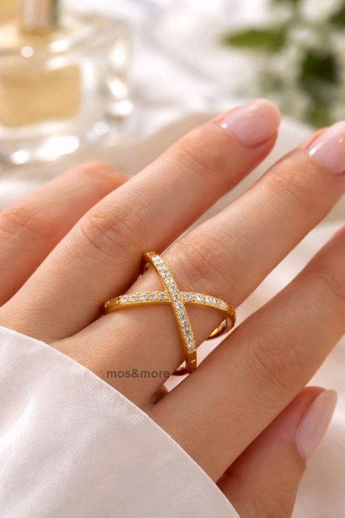 Gold Zirkon Taşlı Çapraz Yüzük, Ayarlanabilir