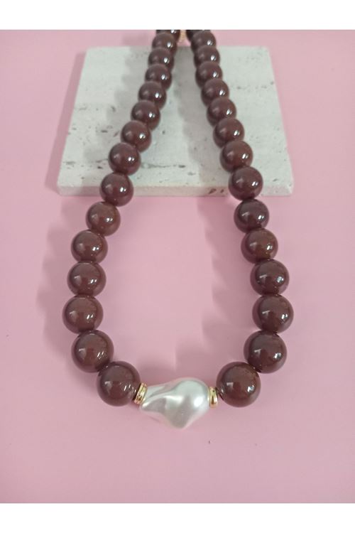 Kahverengi Boncuklu İncili (44cm +6cm) Şık Kadın Kolye
