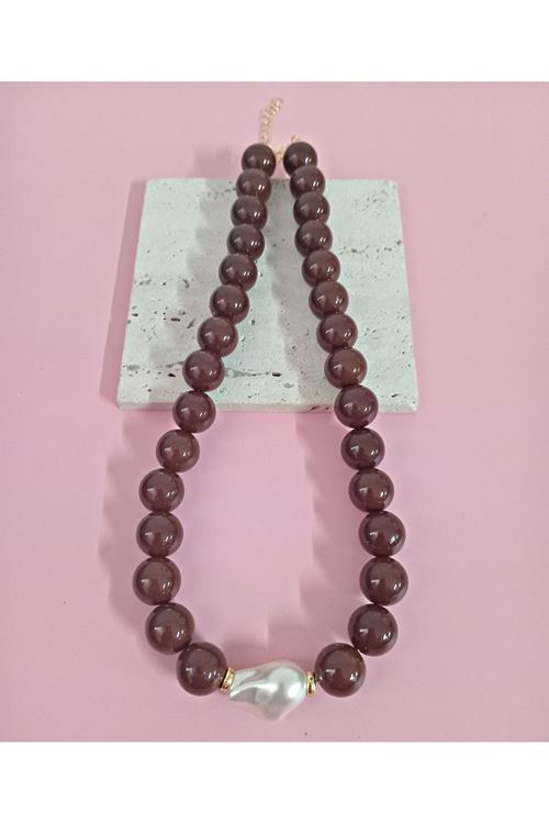 Kahverengi Boncuklu İncili (44cm +6cm) Şık Kadın Kolye