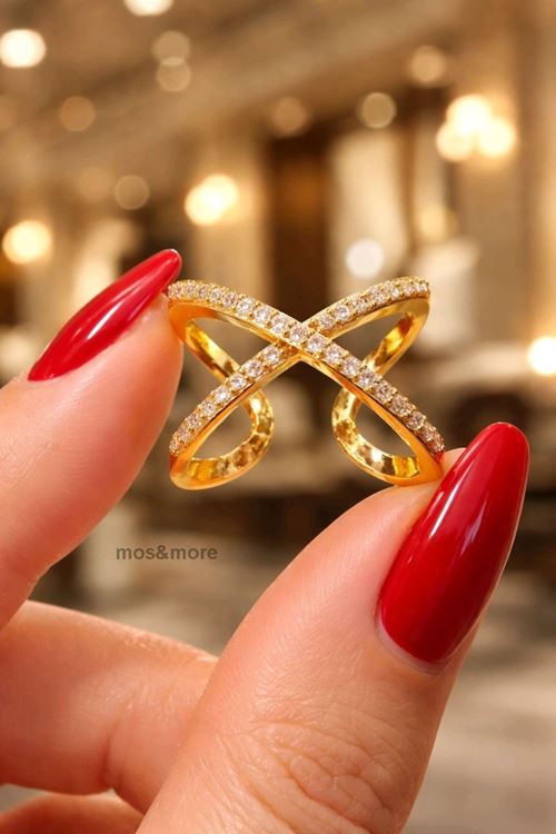 Gold Zirkon Taşlı Çapraz Yüzük, Ayarlanabilir