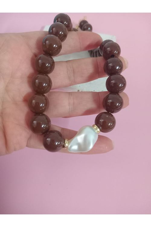 Kahverengi Boncuklu İncili (44cm +6cm) Şık Kadın Kolye