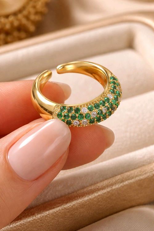 Çelik Gold Yeşil Taşlı Ayarlanabilir Yüzük