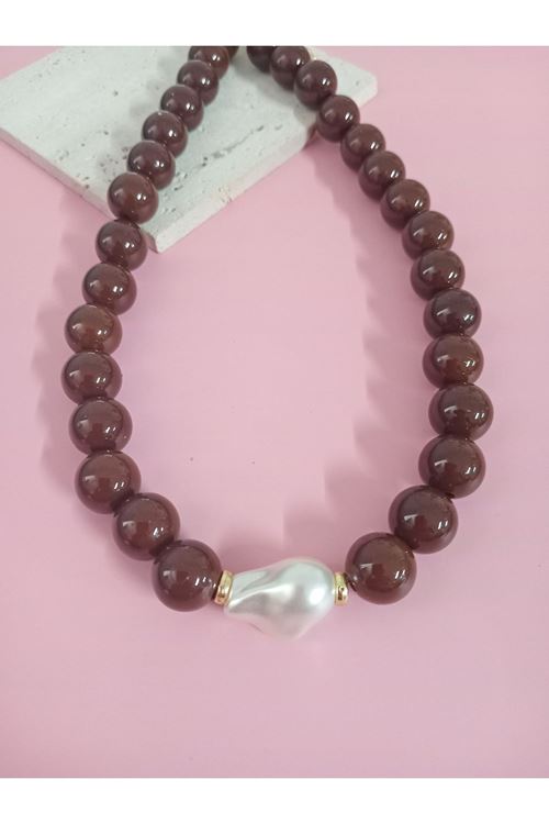 Kahverengi Boncuklu İncili (44cm +6cm) Şık Kadın Kolye