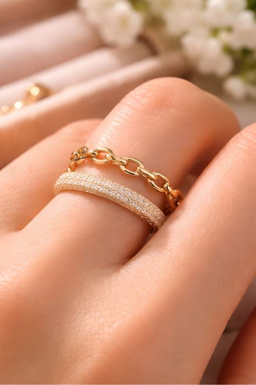 Gold İkili Görünümlü Zincir Yüzük, Ayarlanabilir