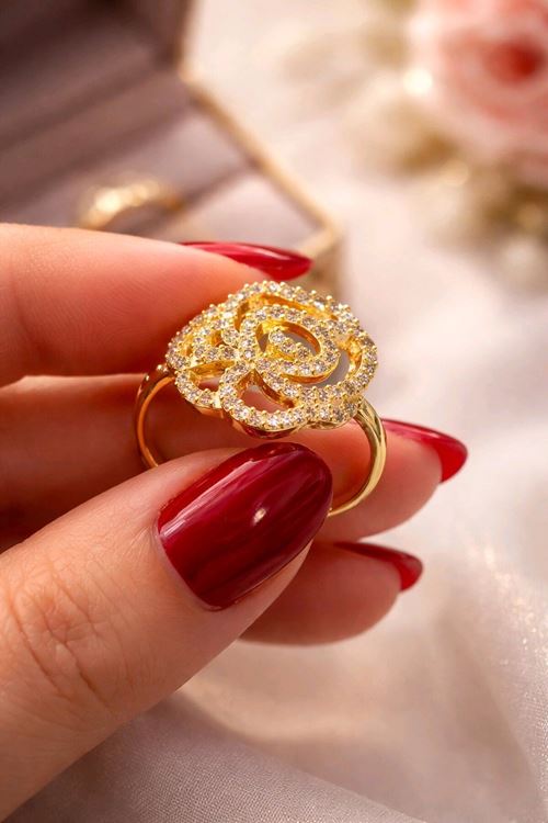 Gold Zirkon Taşlı Gül Yüzük, Ayarlanabilir