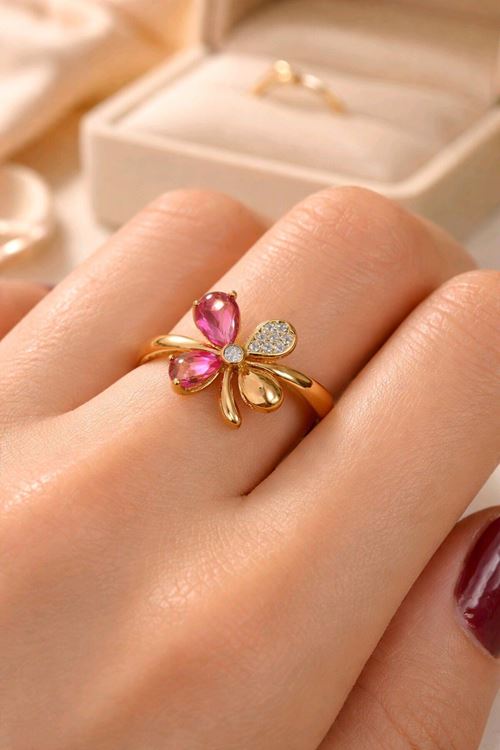 Gold Pembe Taşlı Yonca Yüzük, Ayarlanabilir